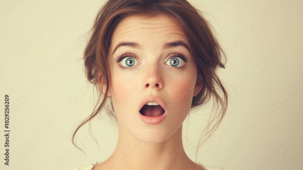 A surprised woman with wide eyes and raised eyebrows against a minimalistic white background expresses shock and astonishment A surprised woman with wide eyes and raised eyebrows against a minimalistic white background expresses shock and astonishment