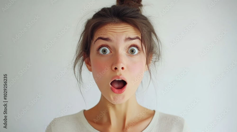 Surprised woman with expressive eyes and raised eyebrows in a minimalistic setting against a white background Surprised woman with expressive eyes and raised eyebrows in a minimalistic setting against a white background