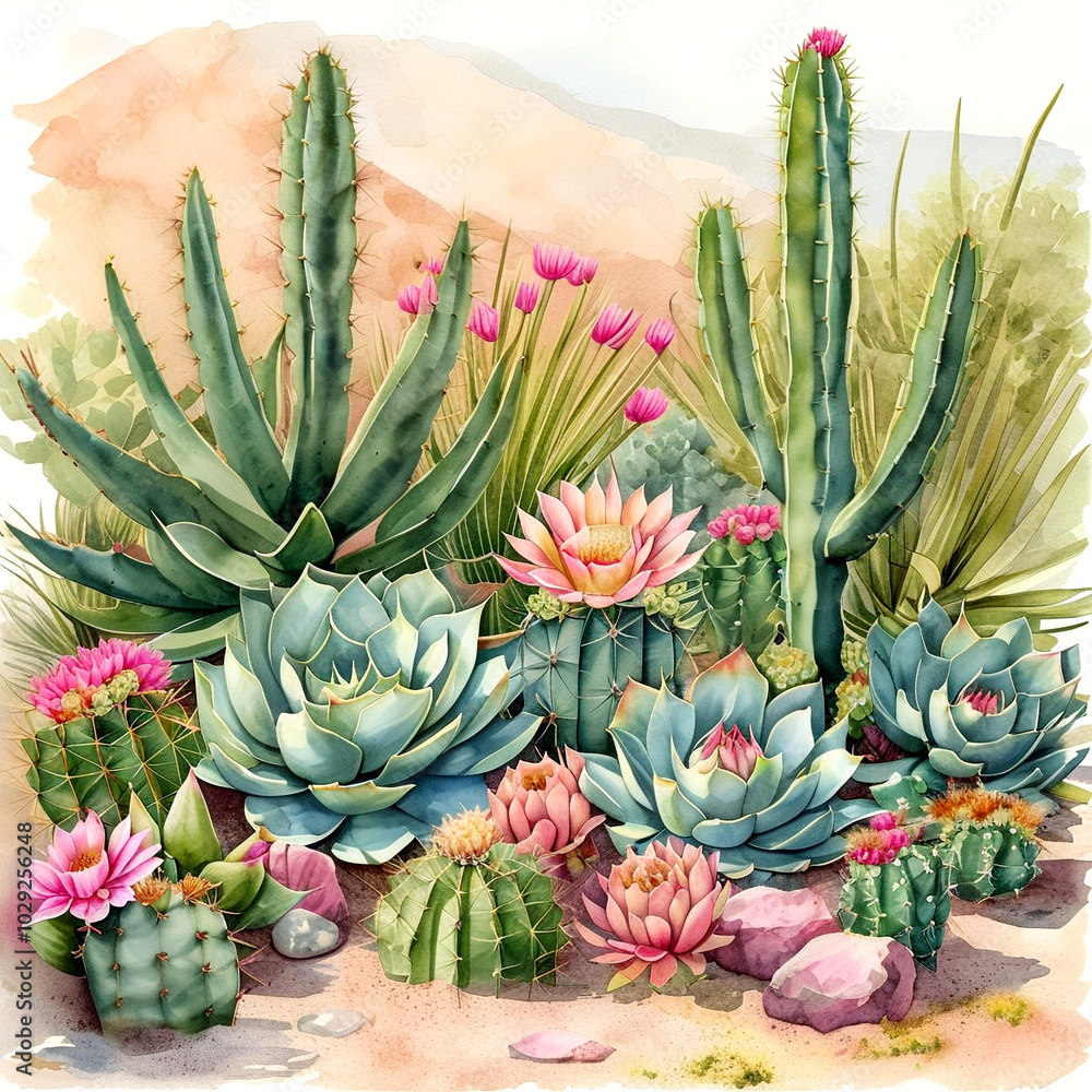 Obraz premium Vibrant desert garden featuring cacti and succulents under a sunny sky