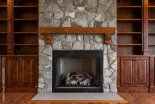 Elegant Stone Fireplace With Wooden Bookshelves Design