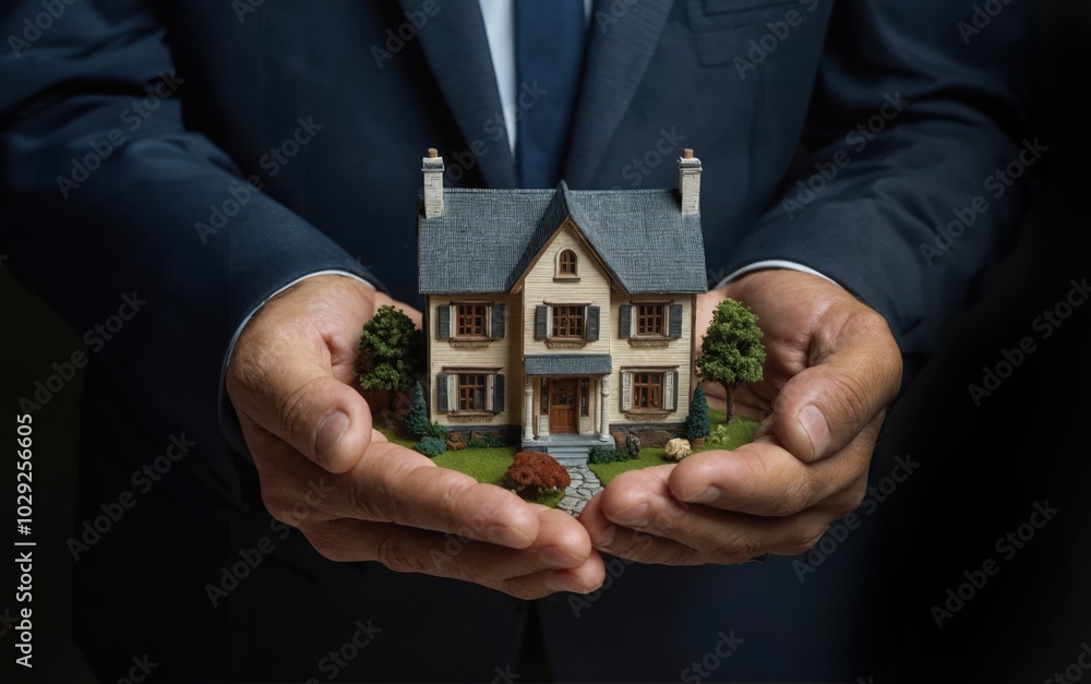 close up of a man in suit hands, holding a house, real estate investment concept close up of a man in suit hands, holding a house, real estate investment concept