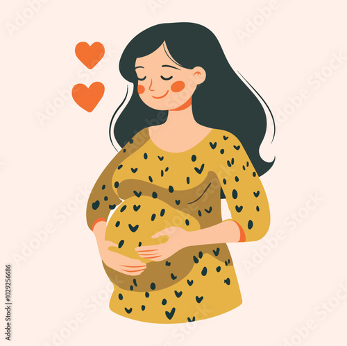 Beautiful young pregnant woman illustration concept of pregnancy and motherhood flat design illustration