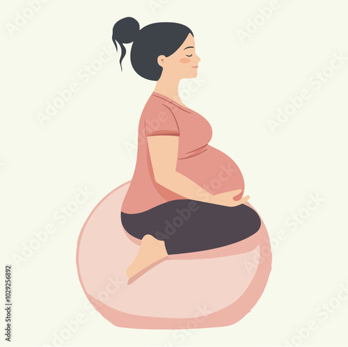 Pregnant woman sitting on fitball holding her belly Mother in labor flat vector illustration