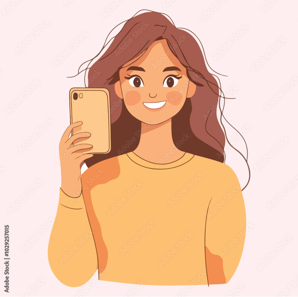 Woman taking selfie photo by mobile camera vector Woman taking selfie photo by mobile camera vector