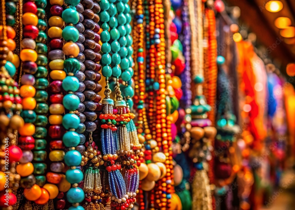 Fototapeta premium Colorful Beaded Necklaces at an Arabic Market - Bokeh Effect Photography
