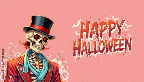 Happy Halloween quote with a skeleton in a top hat with roses happy Halloween theme vector illustration. editable vector handsome skeleton with roses 