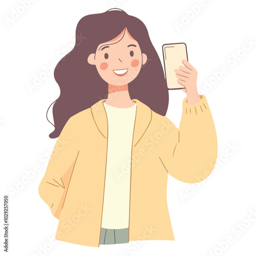 Woman taking selfie photo by mobile camera vector