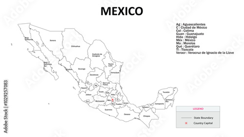 Mexico Map. State and district map of Mexico. Administrative map of Mexico with states and boundaries in white color.