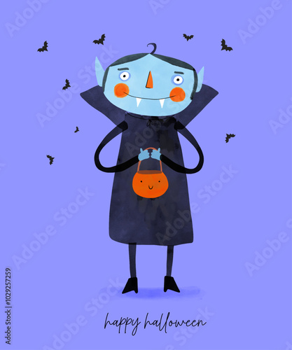 Cute Hand Drawn Vampire Holding Basket with Candies. Boy in a Vampire Costume and Flying Bats on a Violet Background. Halloween Card. Trick or Treat. Halloween Vector Illustration. 