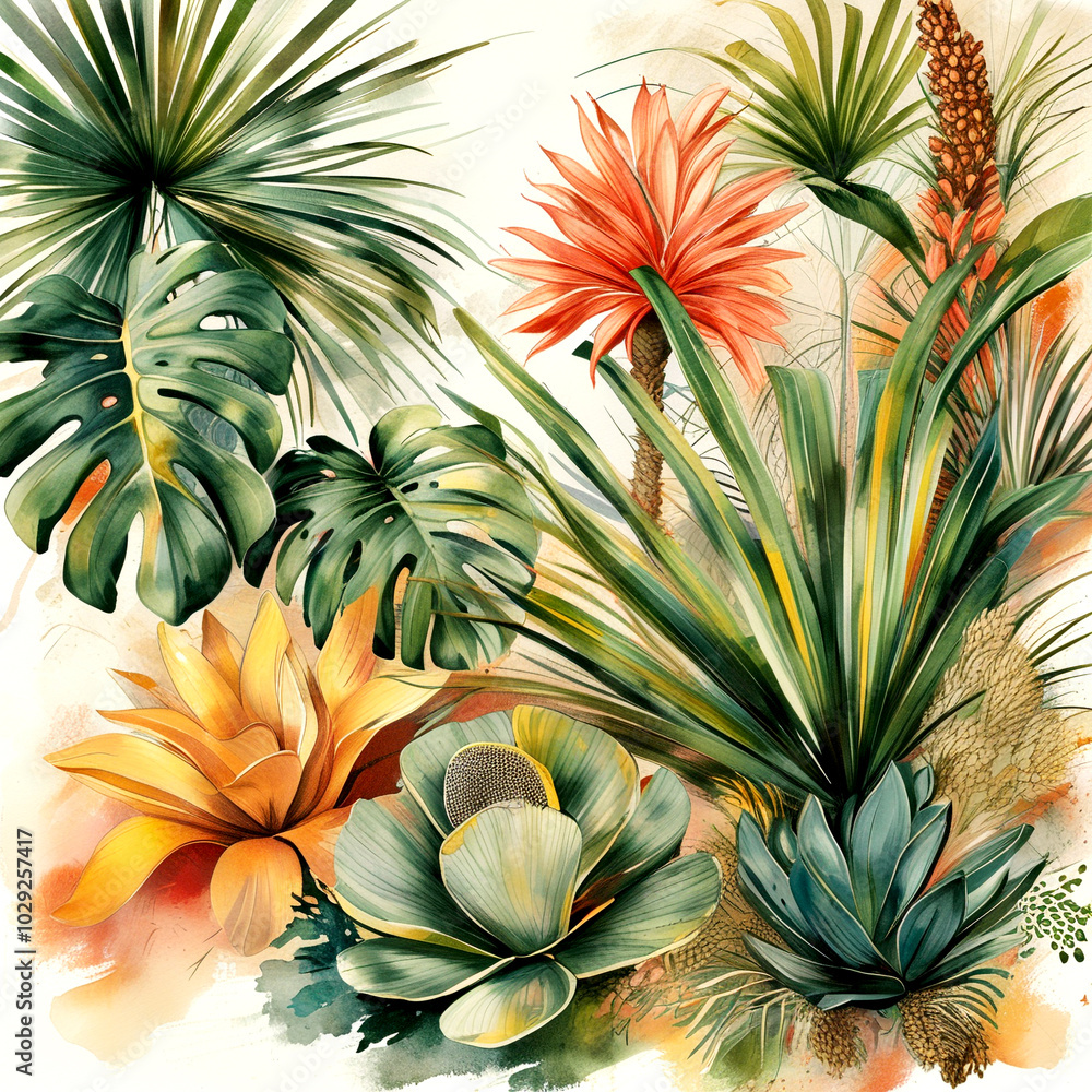 Obraz premium Tropical botanical garden filled with diverse lush plants and vibrant flowers in bloom