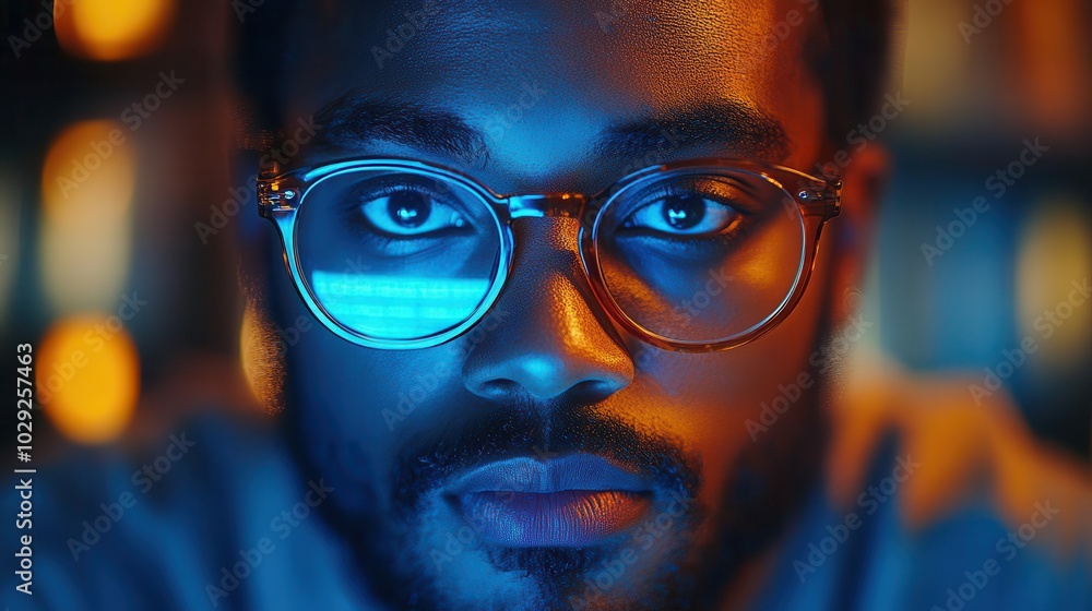 closeup view of a man working diligently on a computer at night with the blue glow of the screen reflecting off his glasses creating an ambiance of focus and determination in a dark workspace closeup view of a man working diligently on a computer at night with the blue glow of the screen reflecting off his glasses creating an ambiance of focus and determination in a dark workspace