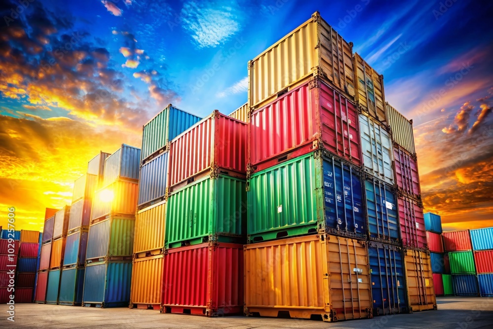 Fototapeta premium Colorful Cargo Containers in Bokeh Effect for Import Export Shipping Concept