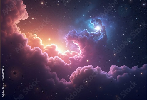 Dreamlike Clouds and Radiant Light in a Cosmic Landscape with Starry Sky