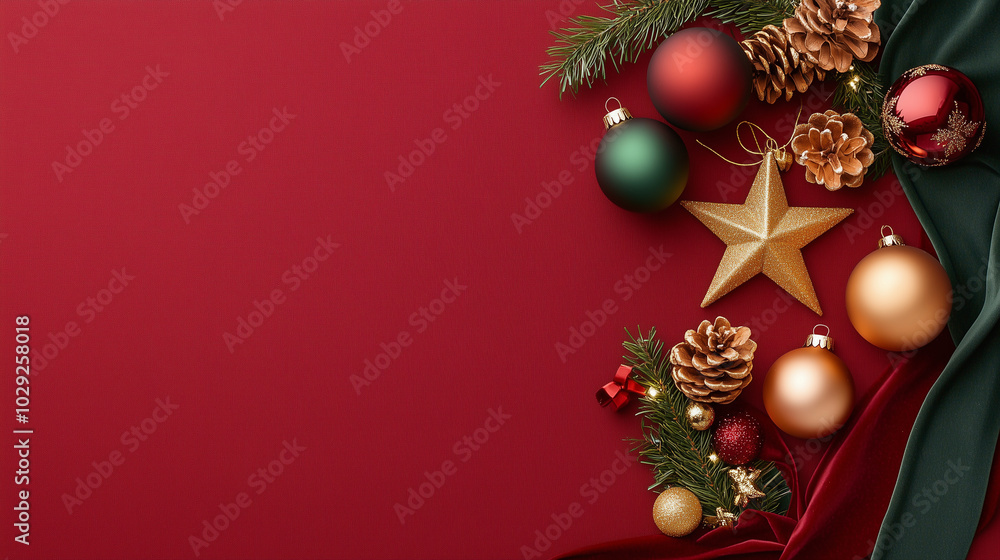 A highly detailed, festive flat lay composition featuring a variety of carefully arranged Christmas decorations on a luxurious deep red velvet fabric. The items include a golden st A highly detailed, festive flat lay composition featuring a variety of carefully arranged Christmas decorations on a luxurious deep red velvet fabric. The items include a golden st