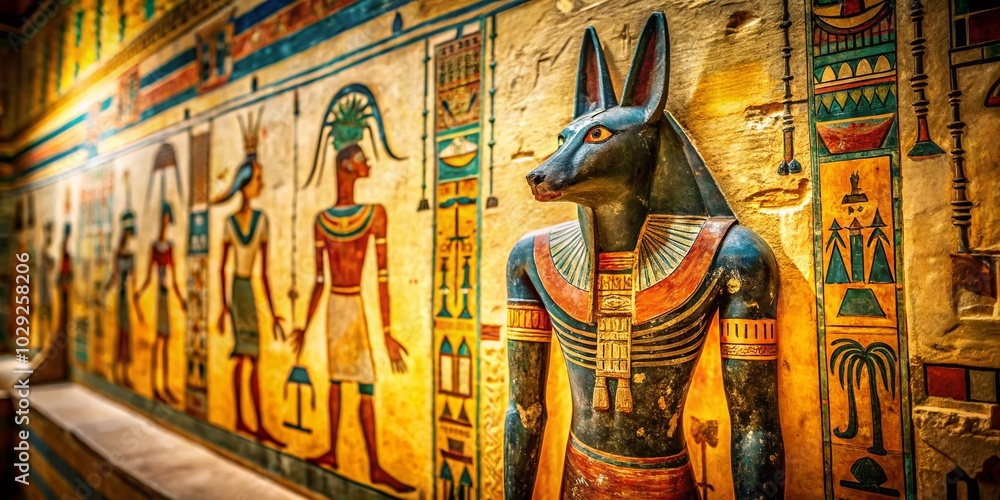 Fototapeta premium Tilt-shift photography captures Anubis art beautifully on an ancient Egyptian tomb wall, blending modern techniques with historic reverence for the