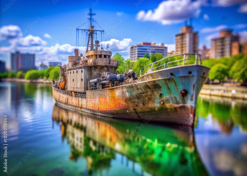 Fototapeta premium Tilt-Shift Photography of a Discarded Military Ship Moored in Harbor