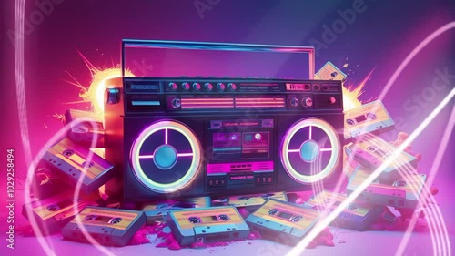 Retro boombox on a gradient background, with neon colors applied to the buttons, dials and boombox cassettes scattered around it. seamless looping 4k video background animation
