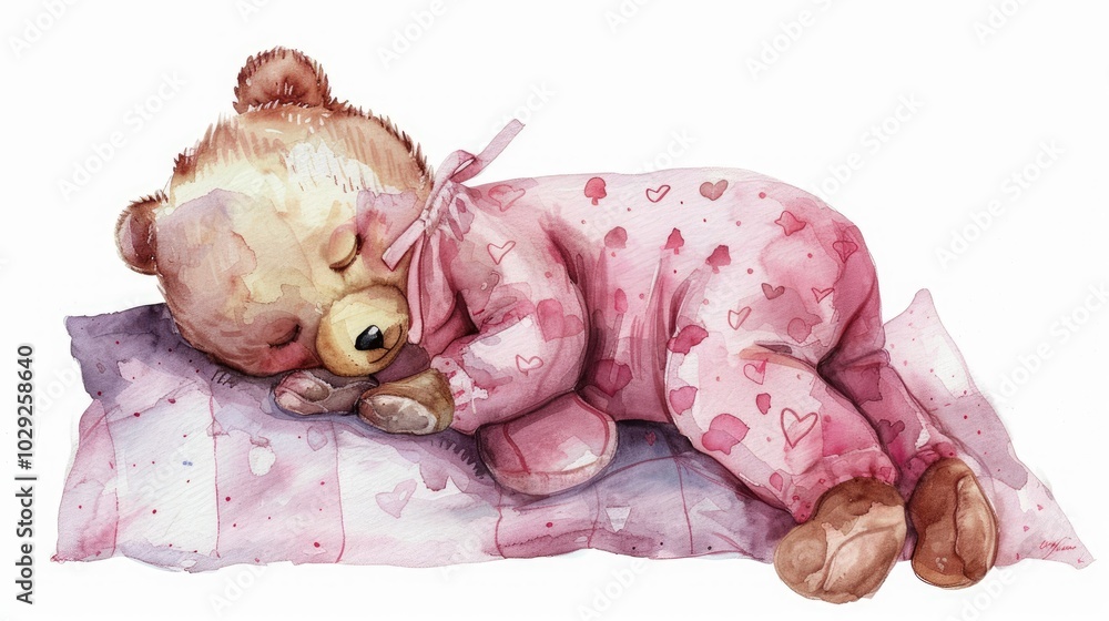 Cute baby bear in pink pajamas sleeping on pillow Cute baby bear in pink pajamas sleeping on pillow