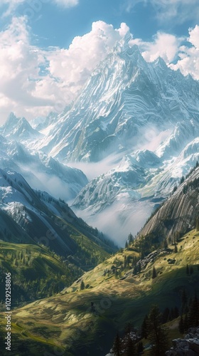 Scenic mountain range with snow-capped peaks, 4K hyperrealistic photo