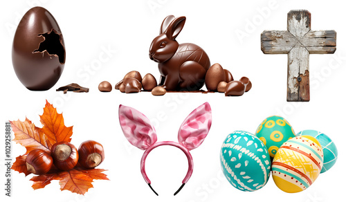 Collection set of Easter colourful hand painted decorated eggs, chocolate rabbit egg, bunny ears, chestnut nut maple leaf, cross on transparent cutout PNG file. Mockup template for design photo