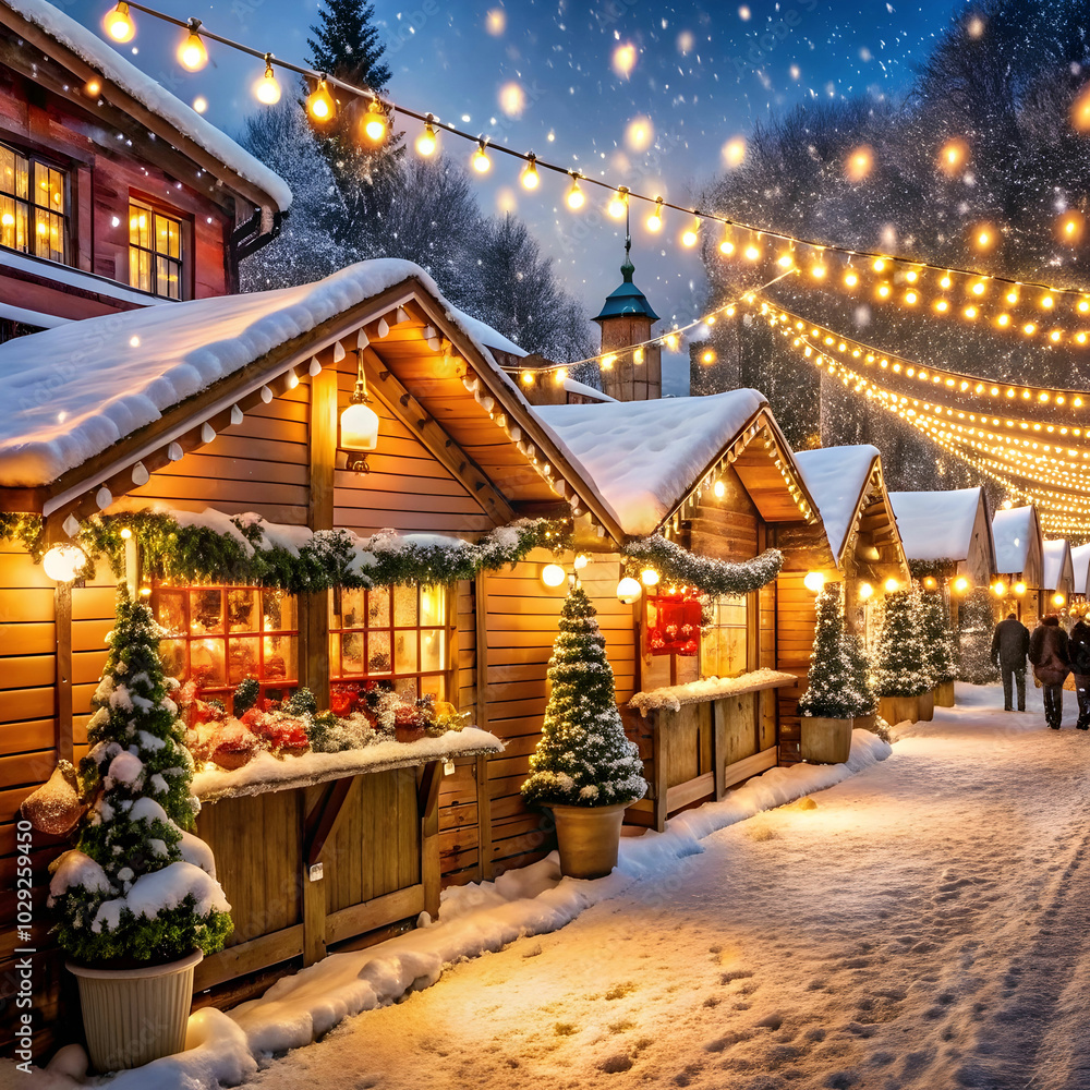 Obraz premium Charming wooden huts adorned with colorful garlands