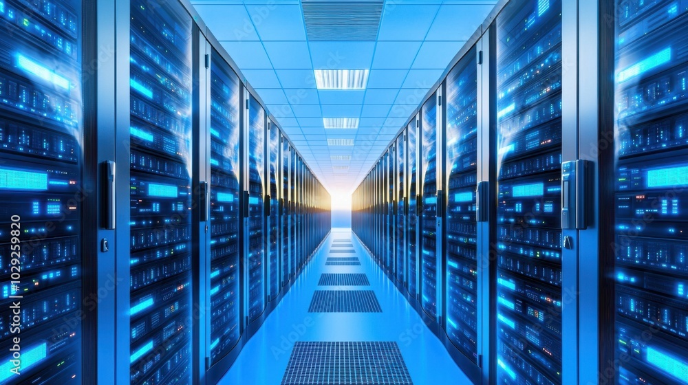 Modern data center with rows of servers and blue lighting, perspective ...