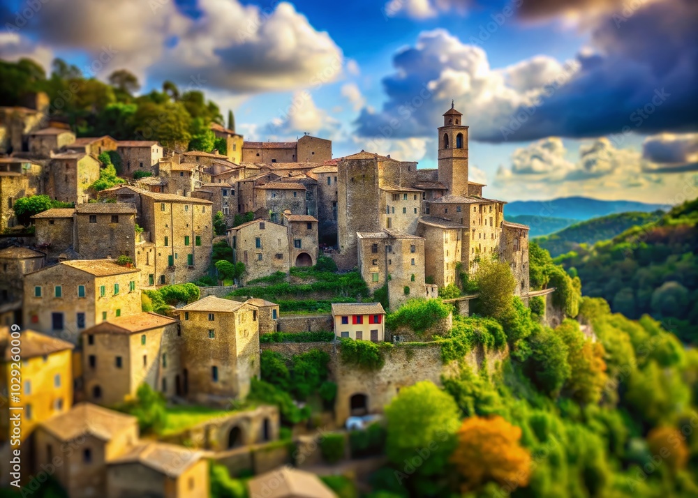Obraz premium Tilt-Shift Photography of Sorano Tuff City in Tuscany, Italy - A Miniature Wonderland