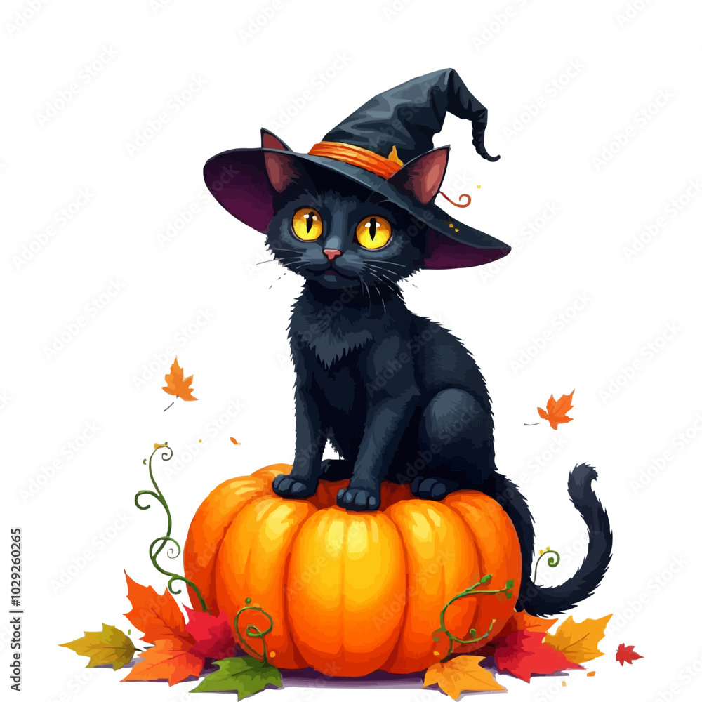 A black cat wearing a witch's hat sitting on a pumpkin, surrounded by autumn leaves and vines. Black cat with pumpkin vector A black cat wearing a witch's hat sitting on a pumpkin, surrounded by autumn leaves and vines. Black cat with pumpkin vector