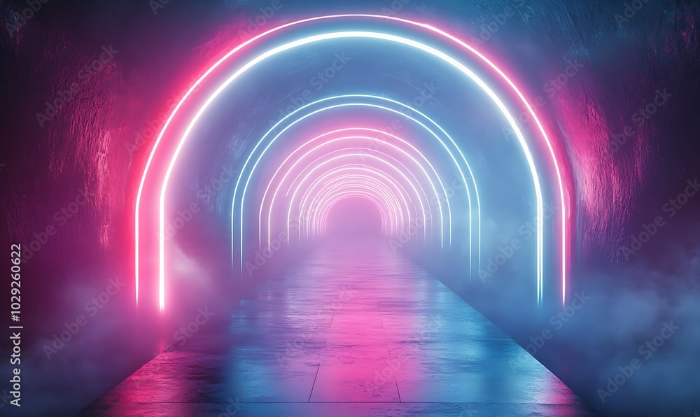 Futuristic Neon Tunnel with Glowing Lights, Abstract Dark Hallway, Vibrant Cyberpunk Aesthetic, Modern Technology Illustration, Digital Concept Art, generative ai Futuristic Neon Tunnel with Glowing Lights, Abstract Dark Hallway, Vibrant Cyberpunk Aesthetic, Modern Technology Illustration, Digital Concept Art, generative ai