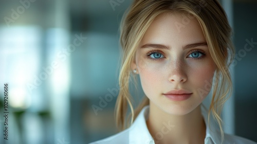 A young woman with blonde hair and blue eyes looks directly at the camera with a serious expression. Free Download A young woman with blonde hair and blue eyes looks directly at the camera with a serious expression. - GFXLoad