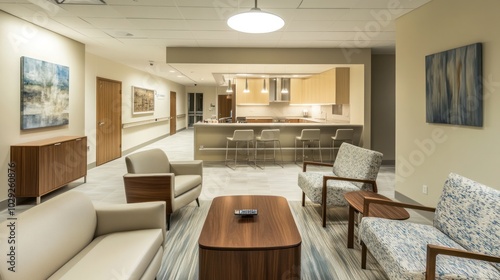 Functional hospital decor with clean lines, calming colors, and sleek furniture for patient comfort