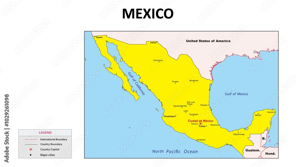 Fototapeta Mexico Map. Major cities in Mexico. Political map of Mexico with border and neighbouring countries. 