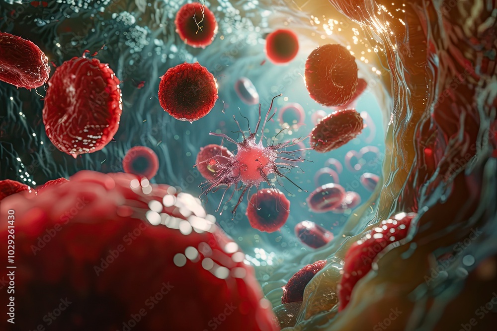 Fototapeta premium Detailed view of leukocytes attacking coronavirus particles inside a blood vessel