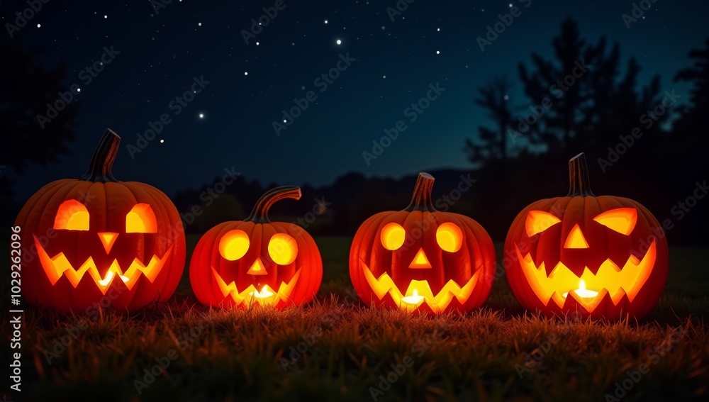 Carved Pumpkins Glowing Under a Starry Night Sky with a Misty Ambiance Carved Pumpkins Glowing Under a Starry Night Sky with a Misty Ambiance