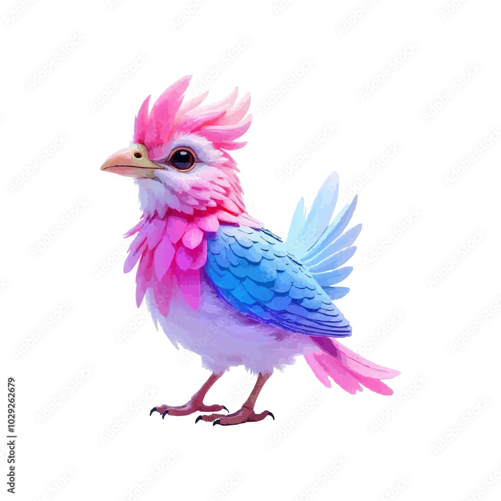 Fototapeta premium A colorful, abstract bird with vibrant pink, blue, and purple fur sitting against a white background