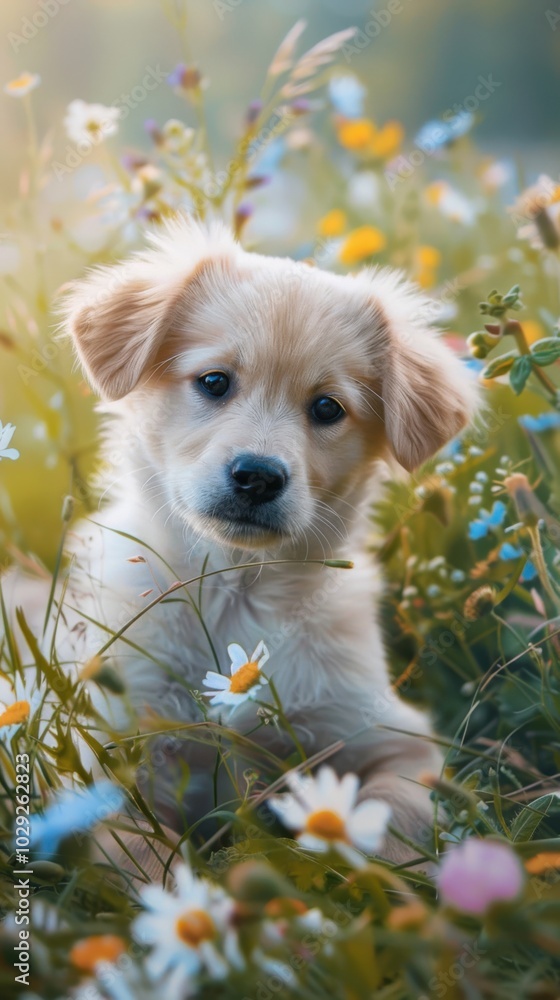 Adorable puppy playing in a field of wildflowers, 4K hyperrealistic photo. Adorable puppy playing in a field of wildflowers, 4K hyperrealistic photo.