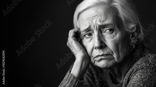 A contemplative elderly woman reflects on a life of sorrow in soft black and white lighting, revealing her deep wrinkles and emotions