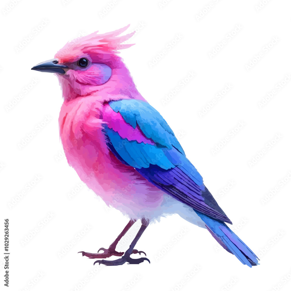 Fototapeta premium A colorful, abstract bird with vibrant pink, blue, and purple fur sitting against a white background
