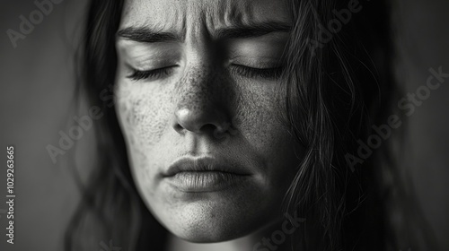 A close-up portrait capturing the delicate sadness of a melancholic woman with serene expressions on a plain background