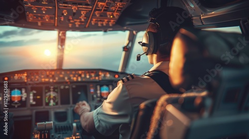 Pilot in airplane cockpit at sunset