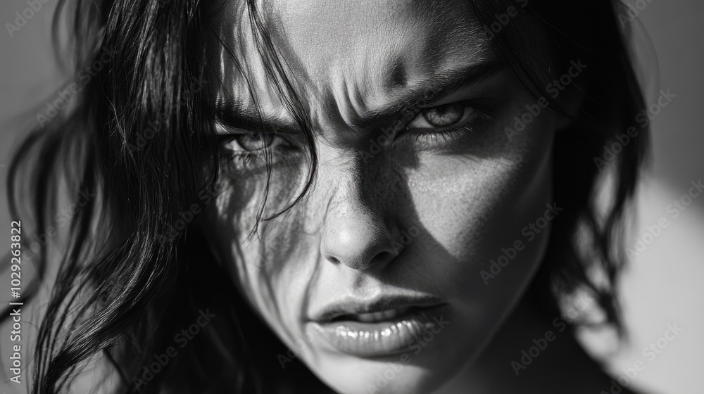 A close-up portrait of an angry woman showcasing sharp details and dramatic shadows in black and white A close-up portrait of an angry woman showcasing sharp details and dramatic shadows in black and white