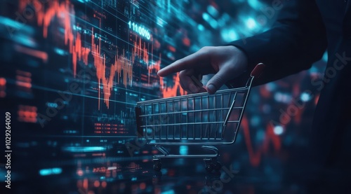A hand reaching towards a digital shopping cart symbolizing modern online retail and stock market fluctuations at dusk