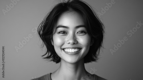 Elegant black and white portrait of an Asian woman with a warm smile against a clean, minimalistic background