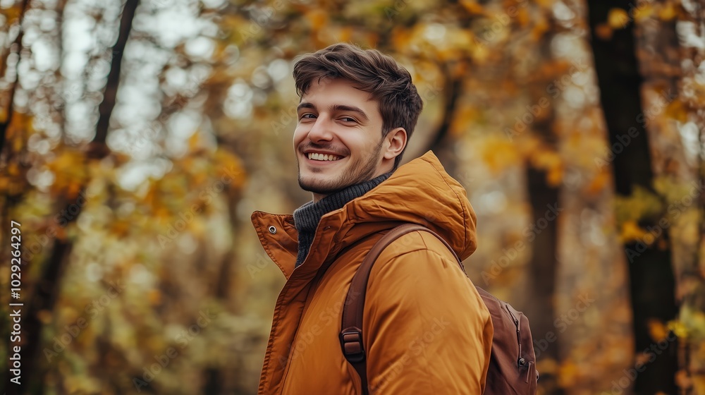 A young man smiles brightly while walking through a vibrant autumn forest filled with colorful leaves A young man smiles brightly while walking through a vibrant autumn forest filled with colorful leaves