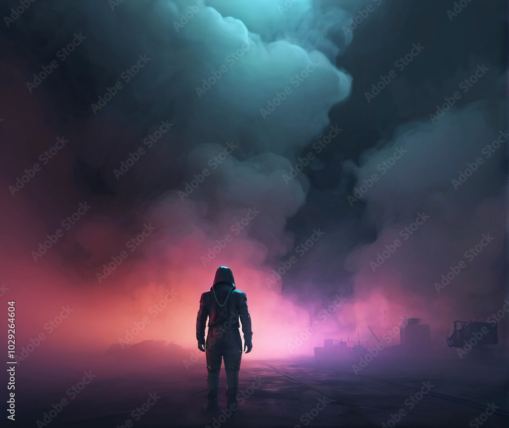 a person looking at smoke in a science fiction landscape a person looking at smoke in a science fiction landscape