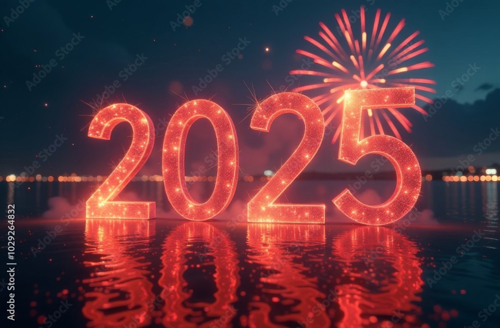 Sparkling burning numbers 2025 against the backdrop of a city celebrating the new year with fireworks Sparkling burning numbers 2025 against the backdrop of a city celebrating the new year with fireworks