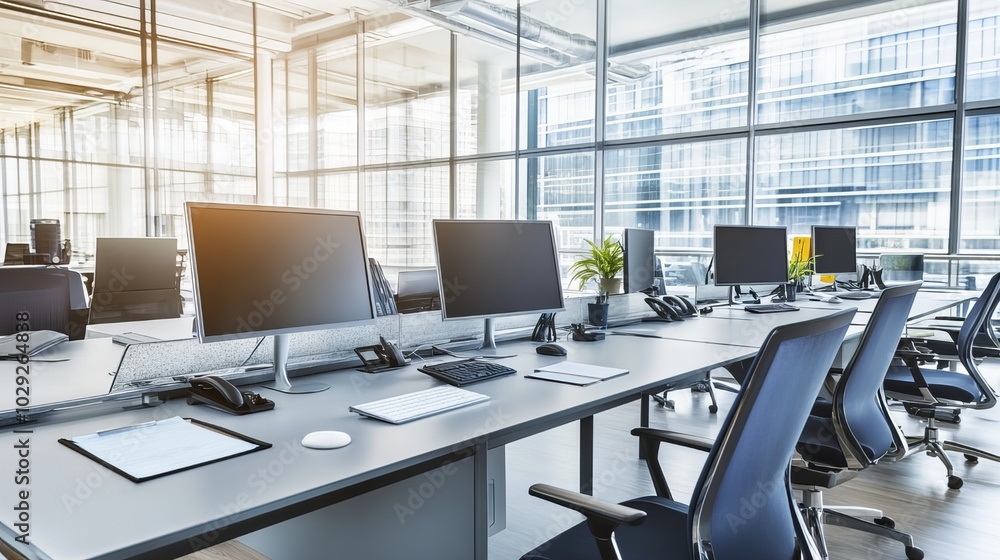 Modern Office Workspace: A clean and minimalist workspace with modern office chairs and desks in an open-plan office setting. The image conveys a sense of productivity, efficiency. Modern Office Workspace: A clean and minimalist workspace with modern office chairs and desks in an open-plan office setting. The image conveys a sense of productivity, efficiency.
