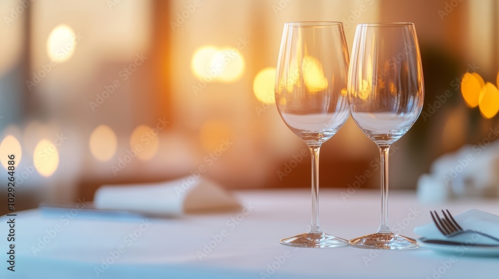 Two Elegant Crystal Wine Glasses on a White Tablecloth Surrounded by Blurred Candle Lights at a Romantic Restaurant Setting Two Elegant Crystal Wine Glasses on a White Tablecloth Surrounded by Blurred Candle Lights at a Romantic Restaurant Setting