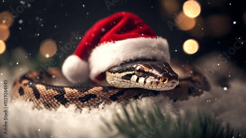 Snake wearing Santa hat. New Year of the snake