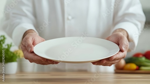 Professional chef in a modern commercial kitchen holding an empty white plate ready for culinary creation and presentation photo